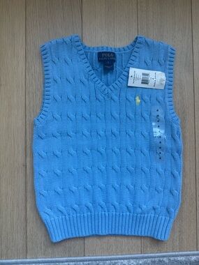 Polo by Ralph Lauren Light Blue Cable Knit V-Neck Sweater Vest with Yellow Pony